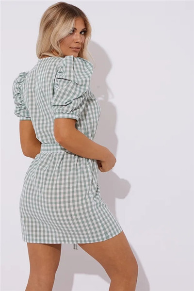 Női kockás ruha gombokkal, kék színben