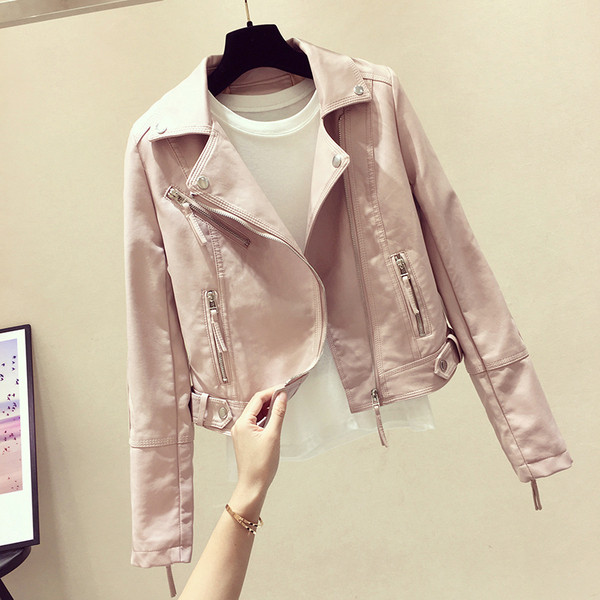 Ежедневно стилно дамско кожено яке в розов, бял и черен цвят 