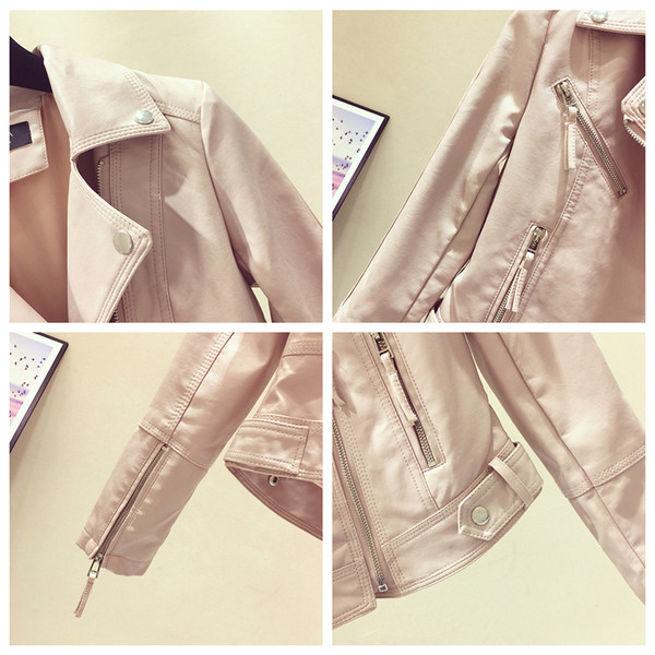 Ежедневно стилно дамско кожено яке в розов, бял и черен цвят 