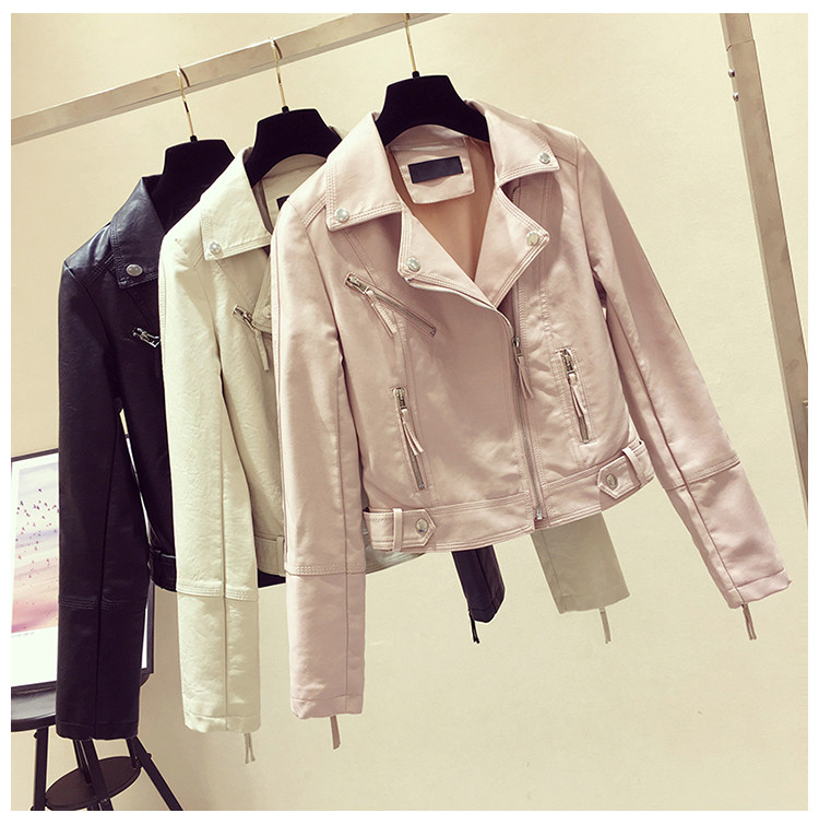 Ежедневно стилно дамско кожено яке в розов, бял и черен цвят 