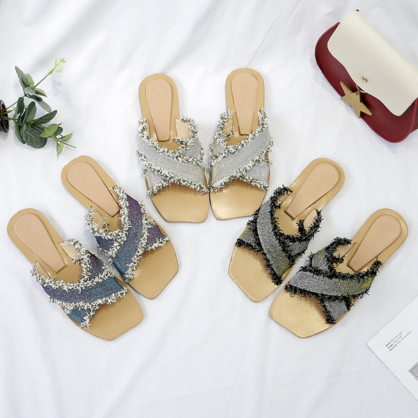 Papuci de dama moderni in trei culori cu talpa plata