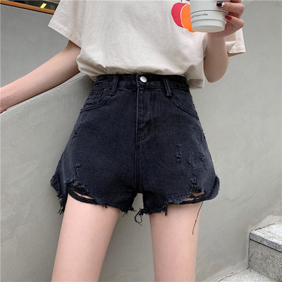 Pantaloni scurți moderni din denim cu talie înaltă și motive rupte în negru și albastru