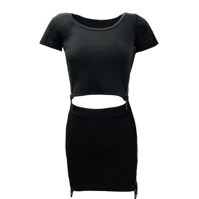 Modern női szett zöld és fekete cipzáras pólóval és szoknyával