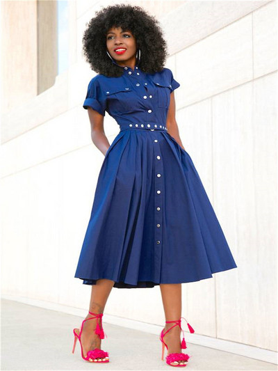 Új modell kivágott női ruha kék zsebekkel