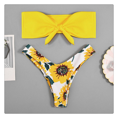 Kétrészes fürdőruha virágmintás sárga és fekete színben