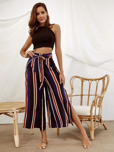 Pantaloni 7/8 de damă moderni în dungi, cu curea