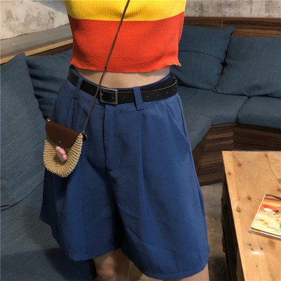 Pantaloni scurti eleganti de dama cu talie inalta in negru, alb si albastru