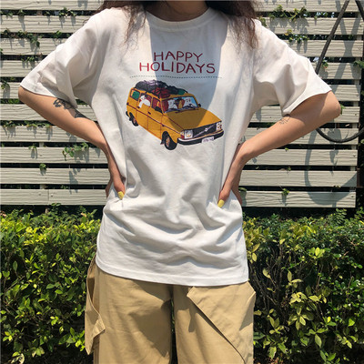 Tricou casual dama cu aplicatie si inscriptie alb si galben