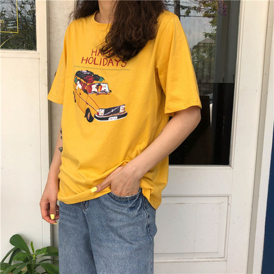 Tricou casual dama cu aplicatie si inscriptie alb si galben