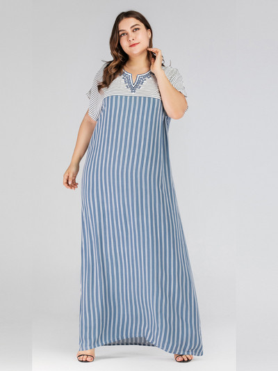 Csíkos női ruha V-nyakú kék színben