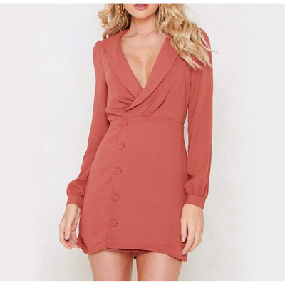 Стилна дамска рокля с V-образно деколте и дълъг ръкав в син и червен цвят