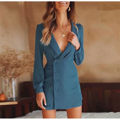 Стилна дамска рокля с V-образно деколте и дълъг ръкав в син и червен цвят