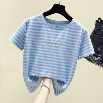 Tricou dama in dungi cu inscriptie in mai multe culori