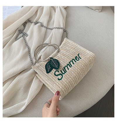 Geanta dama de vara cu manere metalice si inscription in doua culori