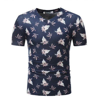 Tricou modern pentru bărbați cu decolteu în V în alb, roșu și albastru