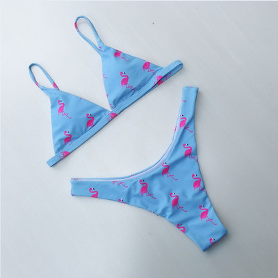 Модерен дамски бански костюм от две части с фламинго в син цвят
