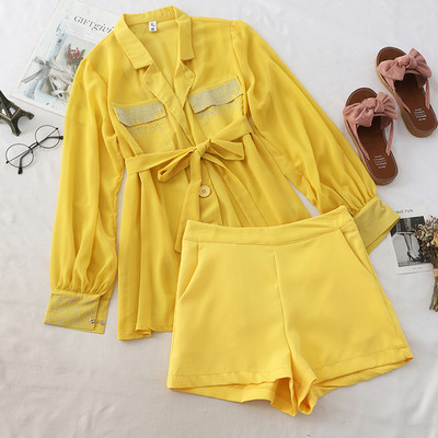 Set elegant pentru femei din două părți în negru, alb și galben