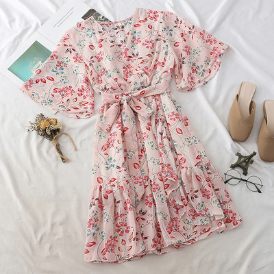 Rochie de vara de dama cu motive florale si curea in doua culori