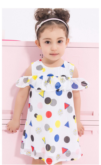 Модерна детска рокля за момичета в бял цвят на точки