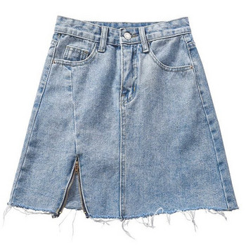 Fusta de dama moderna din denim cu talie inalta si fermoar lateral