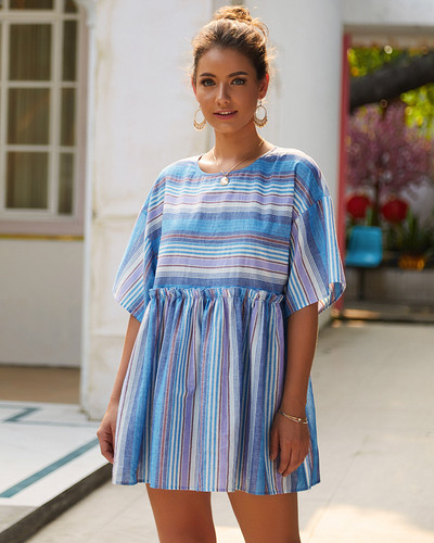 Rochie de dama in dungi colorate cu maneci 3/4 - doua culori