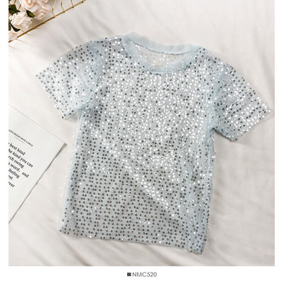 Tricou de dama transparent cu paiete in negru, alb si albastru