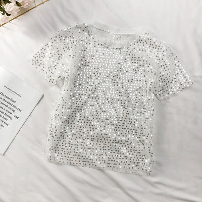 Tricou de dama transparent cu paiete in negru, alb si albastru