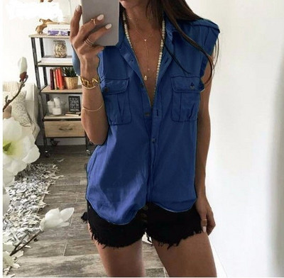 Camasa de dama model nou cu buzunare si nasturi in albastru