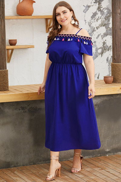 Rochie elegantă de damă, cu bretele și umerii goi, în albastru