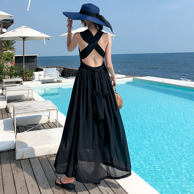 Rochie moderna de dama lunga cu bretele incrucisate in negru