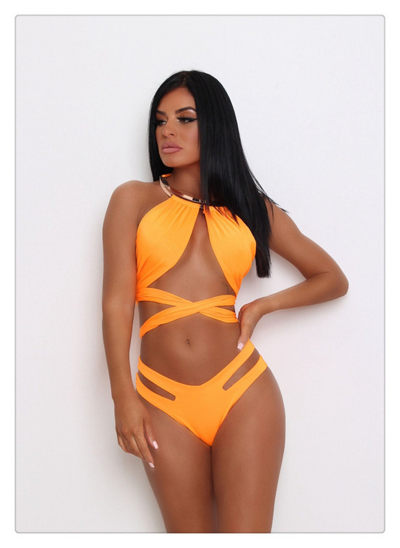 Costum de baie actual din două piese cu cravate în portocaliu