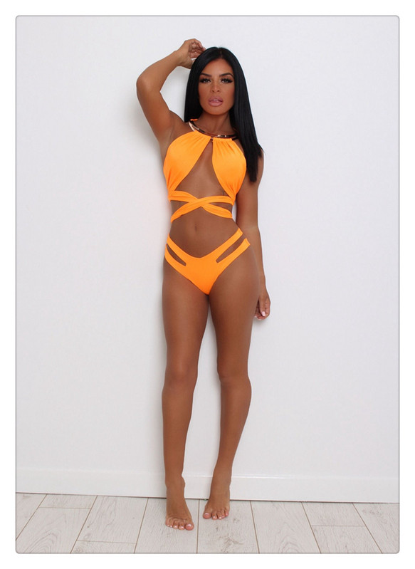 Costum de baie actual din două piese cu cravate în portocaliu