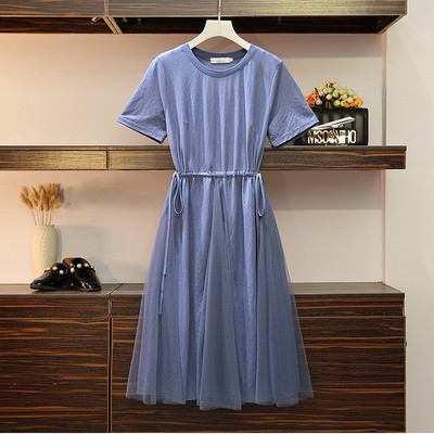 Rochie casual de dama cu maneci scurte si cravate in talie in albastru