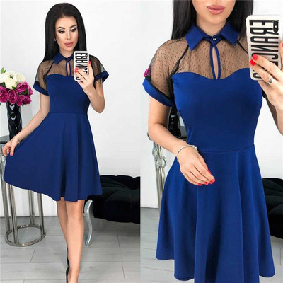 Model modern de rochie de dama cu maneci scurte in albastru si negru