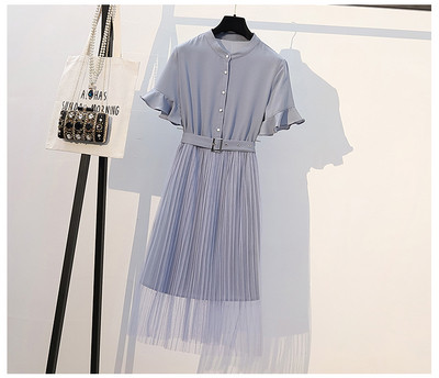 Rochie elegantă de damă cu mâneci scurte și curea în albastru și maro