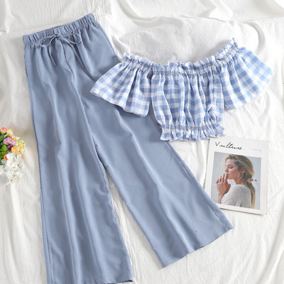 Modern női szett rövid felsővel és széles nadrággal, több színben