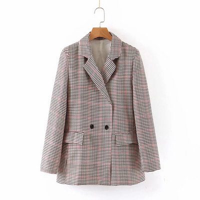 Geaca dama in carouri model lat cu guler in forma de V