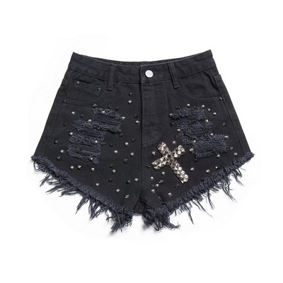 Farmer rövidnadrág szakadt motívumokkal és fém lyukakkal, fekete színben
