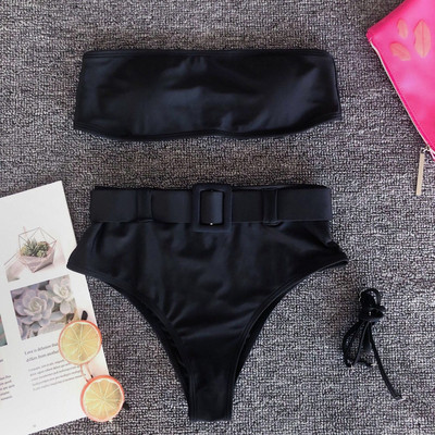 Costum de baie elegant din două piese cu talie înaltă și curea în mai multe culori