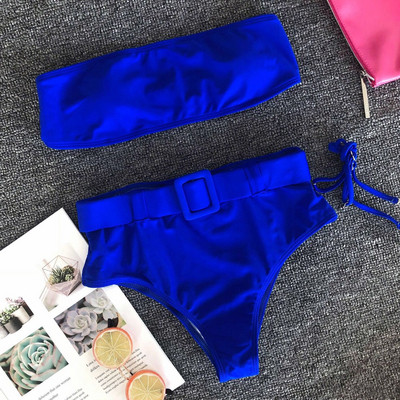 Costum de baie elegant din două piese cu talie înaltă și curea în mai multe culori