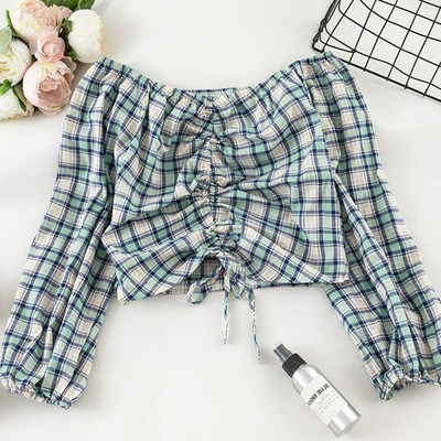 Bluză de damă în carouri actuală cu umerii goi - mai multe culori