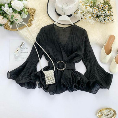 Bluză de damă elegantă, cu decolteu adânc și mâneci lotus în mai multe culori