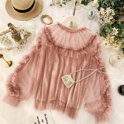 Κομψό γυναικείο πουκάμισο με διαφανή μανίκια σε ροζ και μαύρο χρώμα