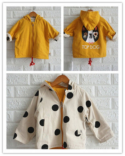 Új modell kétoldalas gyerekkabát fiúknak kapucnival