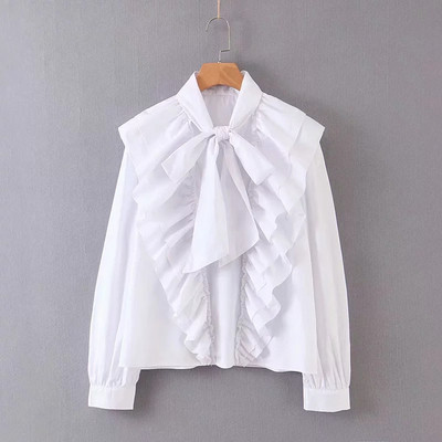 Cămașă elegantă de damă cu guler cu panglică în alb