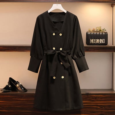 Rochie de dama cu nasturi si curea in negru si maro