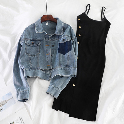 Καθημερινό γυναικέιο σετ που περιλαμβάνει τζιν μπουφάν denim και φόρεμα με κουμπιά