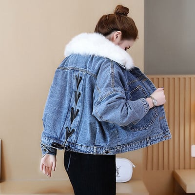 Geaca de dama din denim cu guler in puf si cravate in doua culori