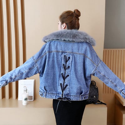 Geaca de dama din denim cu guler in puf si cravate in doua culori