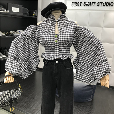 Új modell kockás női ing csupasz váll és széles ujjú